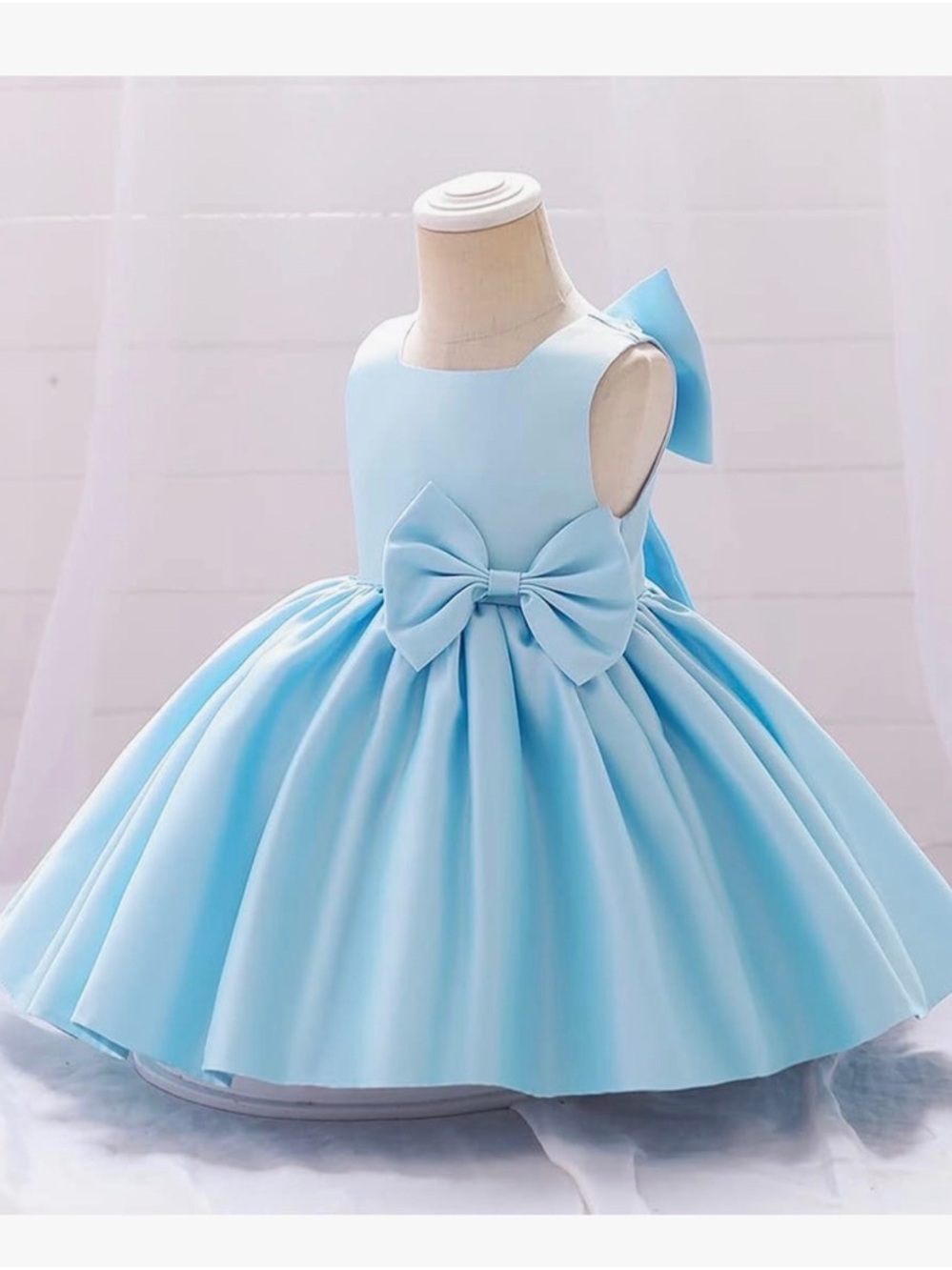 Girls Light Blue Satin Bow Dress Size 3-4T Sleeveless Party Dress